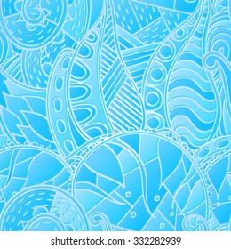 Tracery seamless calming blue pattern. Mehendi design. Neat even harmonious doodle texture. Ambitious bracing usable handmade, discreet curved doodling mehndi. Indifferent faded motif. Vector.