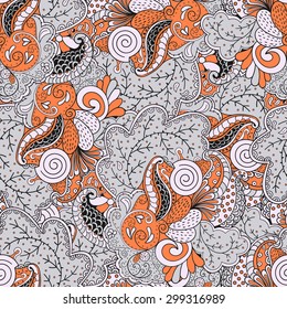 Tracery seamless calming orange pattern. Mehendi design. Neat even harmonious doodle texture. Algae sea motif. Indifferent discreet. Ambitious bracing usable, curved doodling mehndi. Vector.