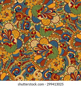 Tracery seamless calming orange pattern. Mehendi design. Neat even harmonious doodle texture. Ambitious bracing usable handmade, discreet curved doodling mehndi. Indifferent faded motif. Vector.