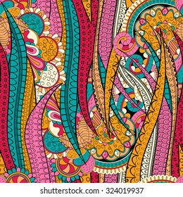 Tracery seamless calming orange pattern with blue and red. Mehendi design. Neat even colorful harmonious doodle texture. Indifferent discreet. Ambitious bracing usable, curved doodling mehndi. Vector.