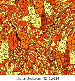 Tracery seamless calming orange pattern. Mehendi design. Neat even harmonious doodle texture. Ambitious bracing usable handmade, discreet curved doodling mehndi. Indifferent faded motif. Vector.