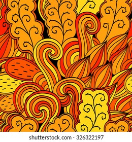Tracery seamless calming orange pattern. Mehendi design. Neat even harmonious doodle texture. Ambitious bracing usable handmade, discreet curved doodling mehndi. Indifferent faded motif. Vector.