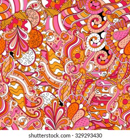 Tracery seamless calming orange pattern. Mehendi design. Neat even harmonious doodle texture. Ambitious bracing usable handmade, discreet curved doodling mehndi. Indifferent faded motif. Vector.