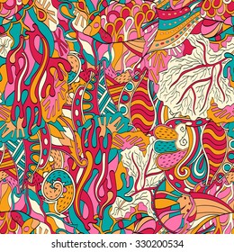 Tracery seamless calming orange pattern with blue, red. Mehendi design. Neat even harmonious doodle texture. Ambitious bracing usable, discreet curved doodling mehndi. Indifferent faded motif. Vector.