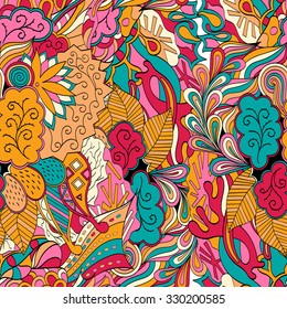 Tracery seamless calming orange pattern with blue, red. Mehendi design. Neat even harmonious doodle texture. Ambitious bracing usable, discreet curved doodling mehndi. Indifferent faded motif. Vector.