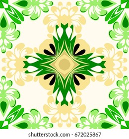 Tracery seamless calming pattern with abstract flowers green decor on white green background.