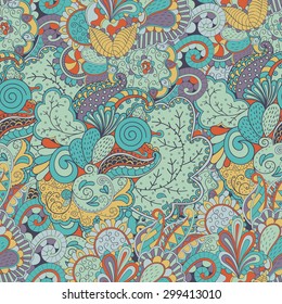 Tracery seamless calming pattern. Mehendi design. Neat even colorful harmonious doodle texture. Algae sea motif. Indifferent discreet. Ambitious bracing usable, curved doodling mehndi. Vector.