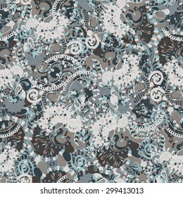 Tracery seamless calming pattern. Mehendi design. Neat even color harmonious doodle texture. Businesslike indifferent discreet faded gray. Ambitious, bracing, usable curved doodling mehndi. Vector.