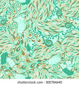 Tracery seamless calming pattern. Mehendi design. Neat even blue-green harmonious doodle texture. Silt algae, sea motif. Ambitious, bracing, usable curved doodling mehndi. Vector.