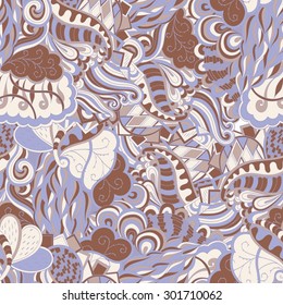 Tracery seamless calming pattern. Mehendi design. Neat even brown blue earth harmonious doodle texture. Algae sea motif. Indifferent discreet. Ambitious bracing usable, curved doodling mehndi. Vector.