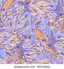 Tracery seamless calming pattern. Mehendi design. Neat even blue harmonious doodle texture. Silt algae, sea motif. Ambitious, bracing, usable curved doodling mehndi. Vector.