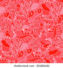 Tracery seamless calming pattern. Mehendi design. Neat even red harmonious doodle texture. Algae sea motif. Indifferent discreet. Ambitious bracing usable, curved doodling mehndi. Vector.