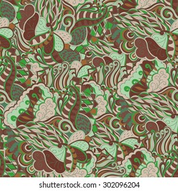 Tracery seamless calming pattern. Mehendi design. Neat even brown earth harmonious doodle texture. Algae sea motif. Indifferent discreet. Ambitious bracing usable, curved doodling mehndi. Vector.