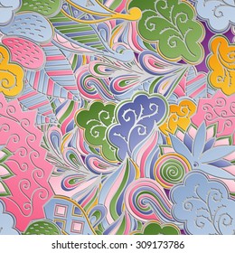 Tracery seamless calming pattern. Mehendi design. Neat even blue-green harmonious doodle texture. Silt algae, sea motif. Ambitious, bracing, usable curved doodling mehndi. Vector.