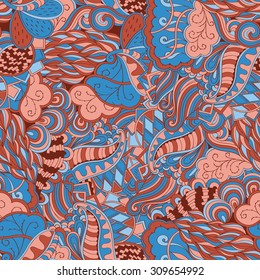 Tracery seamless calming pattern. Mehendi design. Neat even blue brown harmonious doodle texture. Algae sea motif. Indifferent discreet. Ambitious bracing usable, curved doodling mehndi. Vector.