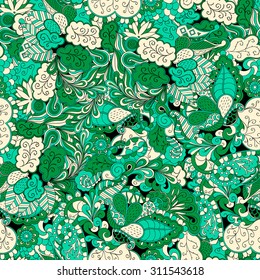 Tracery seamless calming pattern. Mehendi design. Neat even green harmonious doodle texture. Algae sea motif. Indifferent discreet. Ambitious bracing usable, curved doodling mehndi. Vector.