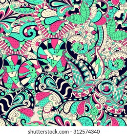 Tracery seamless calming pattern. Mehendi design. Neat even blue-green-rose harmonious doodle texture. Silt algae, sea motif. Ambitious, bracing, usable curved doodling mehndi. Vector.