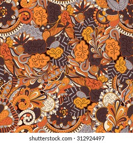 Tracery seamless calming pattern. Mehendi design. Neat even brown orange harmonious doodle texture. Algae sea motif. Indifferent discreet. Ambitious bracing usable, curved doodling mehndi. Vector.