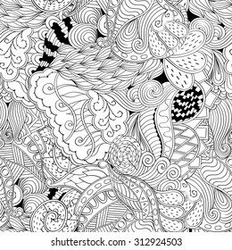 Tracery seamless calming pattern. Mehendi design. Neat even binary harmonious doodle texture. Algae sea motif. Indifferent ethnical. Ambitious bracing usable, curved doodling mehndi. Vector.