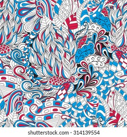 Tracery seamless calming pattern. Mehendi design. Neat even blue rose white harmonious doodle texture. Algae sea motif. Indifferent discreet. Ambitious bracing usable, curved doodling mehndi. Vector.