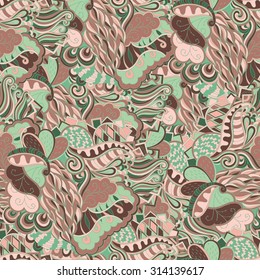 Tracery seamless calming pattern. Mehendi design. Neat even brown earth harmonious doodle texture. Algae sea motif. Indifferent discreet. Ambitious bracing usable, curved doodling mehndi. Vector.