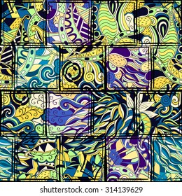 Tracery seamless calming pattern. Mehendi design. Neat even colorful harmonious doodle texture in the style of stained glass. Algae sea motif. Ambitious bracing usable, curved doodling mehndi. Vector.