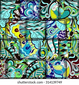 Tracery seamless calming pattern. Mehendi design. Neat even colorful harmonious doodle texture in the style of stained glass. Algae sea motif. Ambitious bracing usable, curved doodling mehndi. Vector.