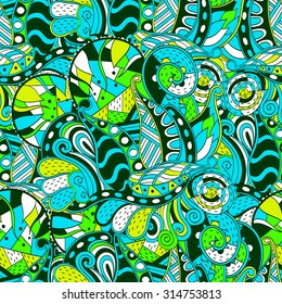 Tracery seamless calming pattern. Mehendi design. Neat even blue-green harmonious doodle texture. Silt algae, sea motif. Ambitious, bracing, usable curved doodling mehndi. Vector.