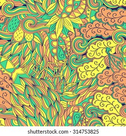 Tracery seamless calming pattern. Mehendi design. Neat even yellow harmonious doodle texture. Ambitious bracing usable handmade, curved doodling mehndi. Algae motif, indifferent faded. Vector.