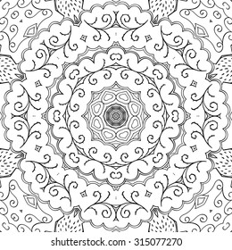 Tracery seamless calming pattern. Mehendi design. Neat even binary harmonious doodle carpet texture. Algae sea motif. Indifferent ethnical. Ambitious bracing usable, curved doodling mehndi. Vector.