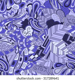 Tracery seamless calming pattern. Mehendi design. Neat even blue harmonious doodle texture. Silt algae, sea motif. Ambitious, bracing, usable curved doodling mehndi. Vector.