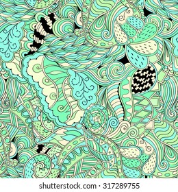 Tracery seamless calming pattern. Mehendi design. Neat even blue-green harmonious doodle texture. Silt algae, sea motif. Ambitious, bracing, usable curved doodling mehndi. Vector.