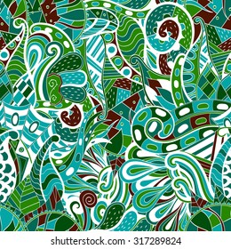 Tracery seamless calming pattern. Mehendi design. Neat even green harmonious doodle texture. Algae sea motif. Indifferent discreet. Ambitious bracing usable, curved doodling mehndi. Vector.