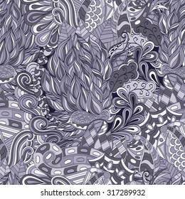 Tracery seamless calming pattern. Mehendi design. Neat even color harmonious doodle texture. Businesslike indifferent discreet faded gray. Ambitious, bracing, usable curved doodling mehndi. Vector.