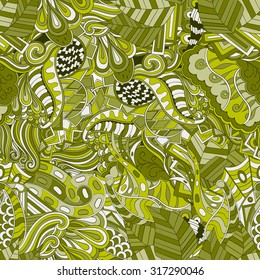 Tracery seamless calming pattern. Mehendi design. Neat even green harmonious doodle texture. Algae sea motif. Indifferent discreet. Ambitious bracing usable, curved doodling mehndi. Vector.