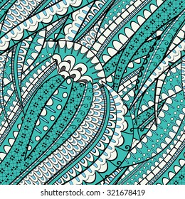 Tracery seamless calming pattern. Mehendi design. Neat even blue-green harmonious doodle texture. Silt algae, sea motif, tentacles. Ambitious, bracing, usable curved doodling mehndi. Vector.