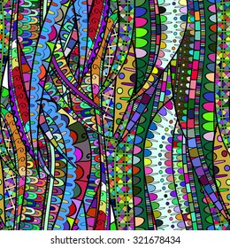 Tracery seamless calming pattern. Mehendi design. Neat even colorful harmonious doodle texture. Silt algae, sea motif, tentacles. Ambitious, bracing, usable curved doodling mehndi. Vector.
