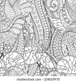 Tracery seamless calming pattern. Mehendi design. Neat even binary harmonious doodle texture. Algae sea motif. Indifferent discreet. Ambitious bracing usable, curved doodling mehndi. Vector.
