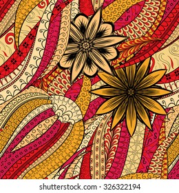 Tracery seamless calming pattern. Mehendi design. Neat even orange red harmonious doodle texture. Algae sea motif. Indifferent discreet. Ambitious bracing usable, curved doodling mehndi. Vector.