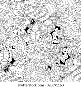 Tracery seamless calming pattern. Mehendi design. Neat even binary harmonious doodle texture. Algae sea motif. Indifferent ethnical. Ambitious bracing usable, curved doodling mehndi. Vector.