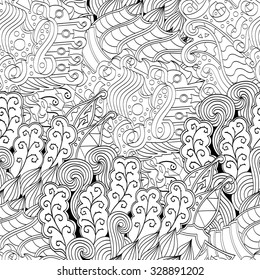 Tracery seamless calming pattern. Mehendi design. Neat even binary harmonious doodle texture. Algae sea motif. Indifferent ethnical. Ambitious bracing usable, curved doodling mehndi. Vector.