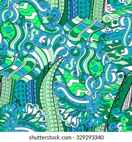 Tracery seamless calming pattern. Mehendi design. Neat even colorful blue harmonious doodle texture. Algae sea motif. Indifferent discreet. Ambitious bracing usable, curved doodling mehndi. Vector.
