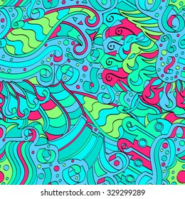 Tracery seamless calming pattern. Mehendi design. Neat even green blue sea harmonious doodle texture. Algae sea motif. Indifferent discreet. Ambitious bracing usable, curved doodling mehndi. Vector.