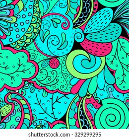 Tracery seamless calming pattern. Mehendi design. Neat even green blue sea harmonious doodle texture. Algae sea motif. Indifferent discreet. Ambitious bracing usable, curved doodling mehndi. Vector.