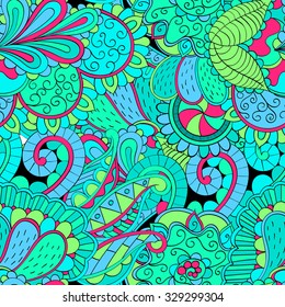 Tracery seamless calming pattern. Mehendi design. Neat even green blue sea harmonious doodle texture. Algae sea motif. Indifferent discreet. Ambitious bracing usable, curved doodling mehndi. Vector.