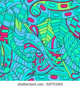 Tracery seamless calming pattern. Mehendi design. Neat even green blue sea harmonious doodle texture. Algae sea motif. Indifferent discreet. Ambitious bracing usable, curved doodling mehndi. Vector.