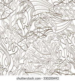 Tracery seamless calming pattern. Mehendi design. Neat even binary harmonious doodle texture. Algae sea motif. Indifferent ethnical. Ambitious bracing usable, curved doodling mehndi. Vector.