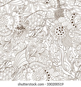 Tracery seamless calming pattern. Mehendi design. Neat even binary harmonious doodle texture. Algae sea motif. Indifferent ethnical. Ambitious bracing usable, curved doodling mehndi. Vector.