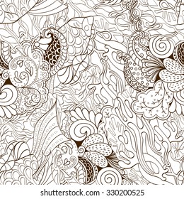 Tracery seamless calming pattern. Mehendi design. Neat even binary harmonious doodle texture. Algae sea motif. Indifferent ethnical. Ambitious bracing usable, curved doodling mehndi. Vector.