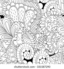 Tracery seamless calming pattern. Mehendi design. Neat even binary harmonious doodle texture. Algae sea motif. Indifferent ethnical. Ambitious bracing usable, curved doodling mehndi. Vector.
